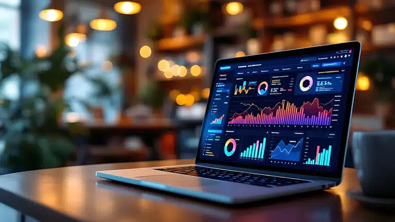 Laptop zeigt ein Dashboard mit Diagrammen und Kennzahlen