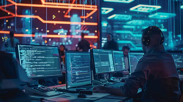 softwareentwicklung den anforderungen gerecht werden Entwickler arbeitet an mehreren Monitoren mit Quellcode