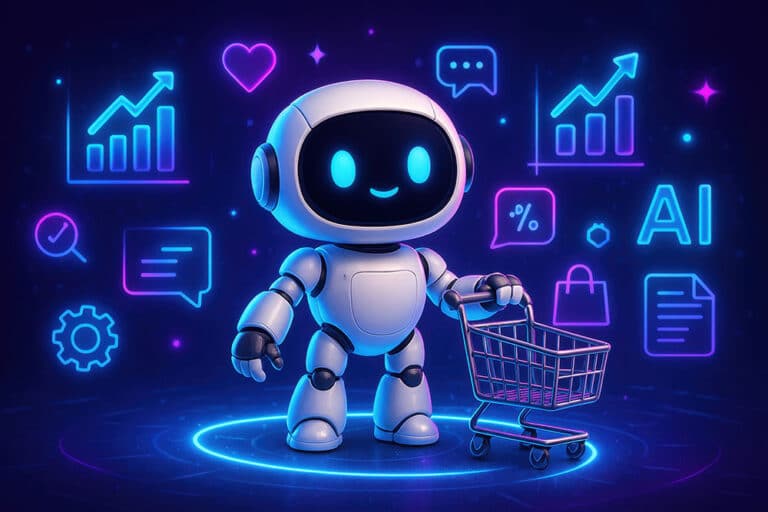 Illustration: KI-Chatbot-Roboter mit Einkaufswagen
